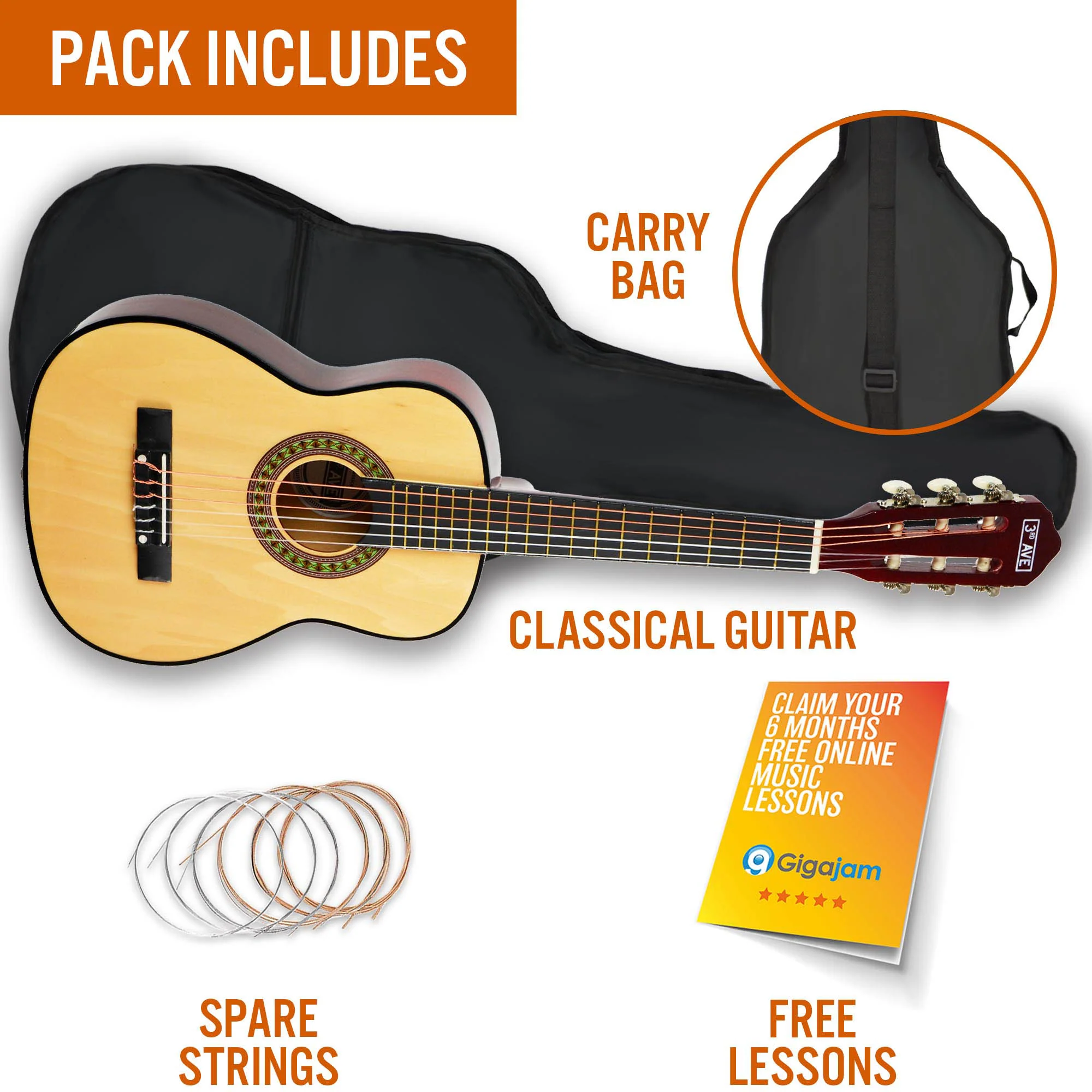 3rd Avenue 1/4 Size Classical Guitar Pack - Image 5