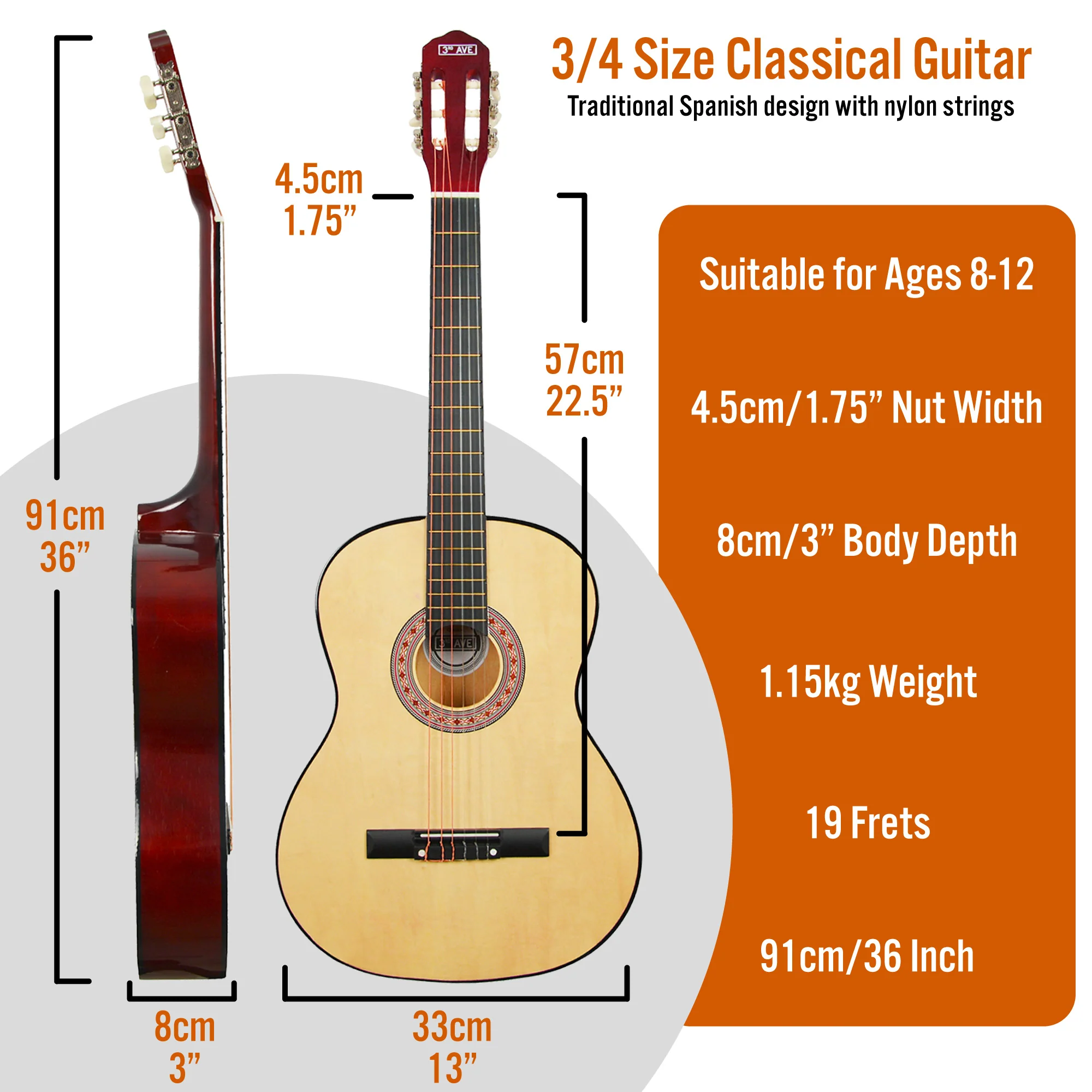 3rd Avenue 3/4 Size Classical Guitar Pack - Image 6